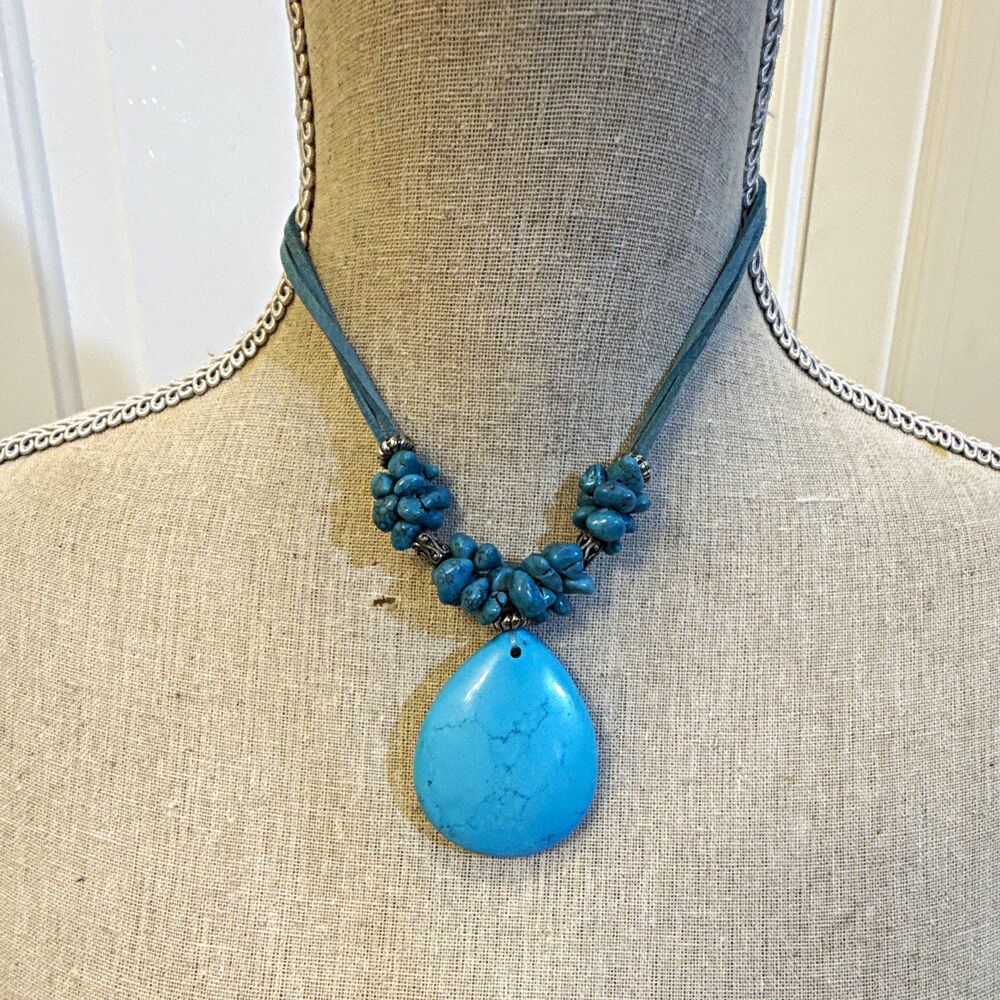 Statement aqua TURQUOISE TEARDROP PENDANT BEADED NECKLACE SUEDE TIE ADJ SILVER